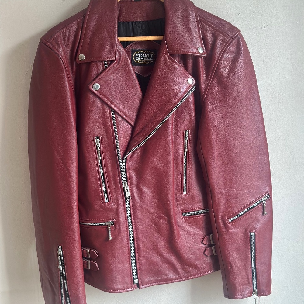 Straight to Hell leather jacket- Burgundy/ dark red biker- Men's size 38/size M